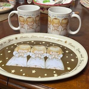 Peace Love and Joy to You” ~ Four Angels Coffee Mugs w/Tray ~ Houston Harvest